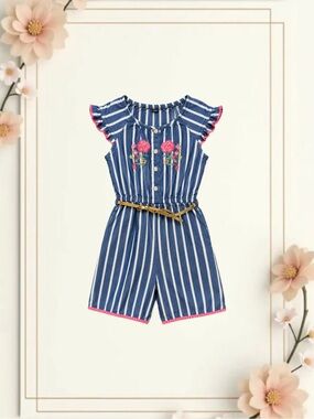 Girls Floral Embroidered Short Sleeve/Pants Romper